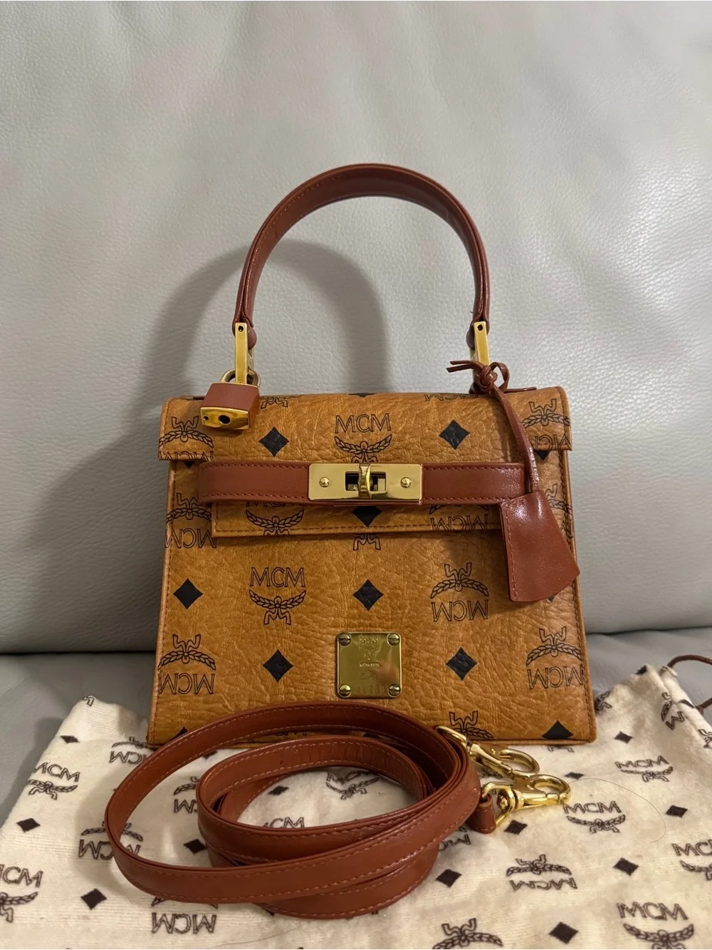 MCM Brown Kelly Cognac Visetos Top Handle Satchel with Gold Hardware